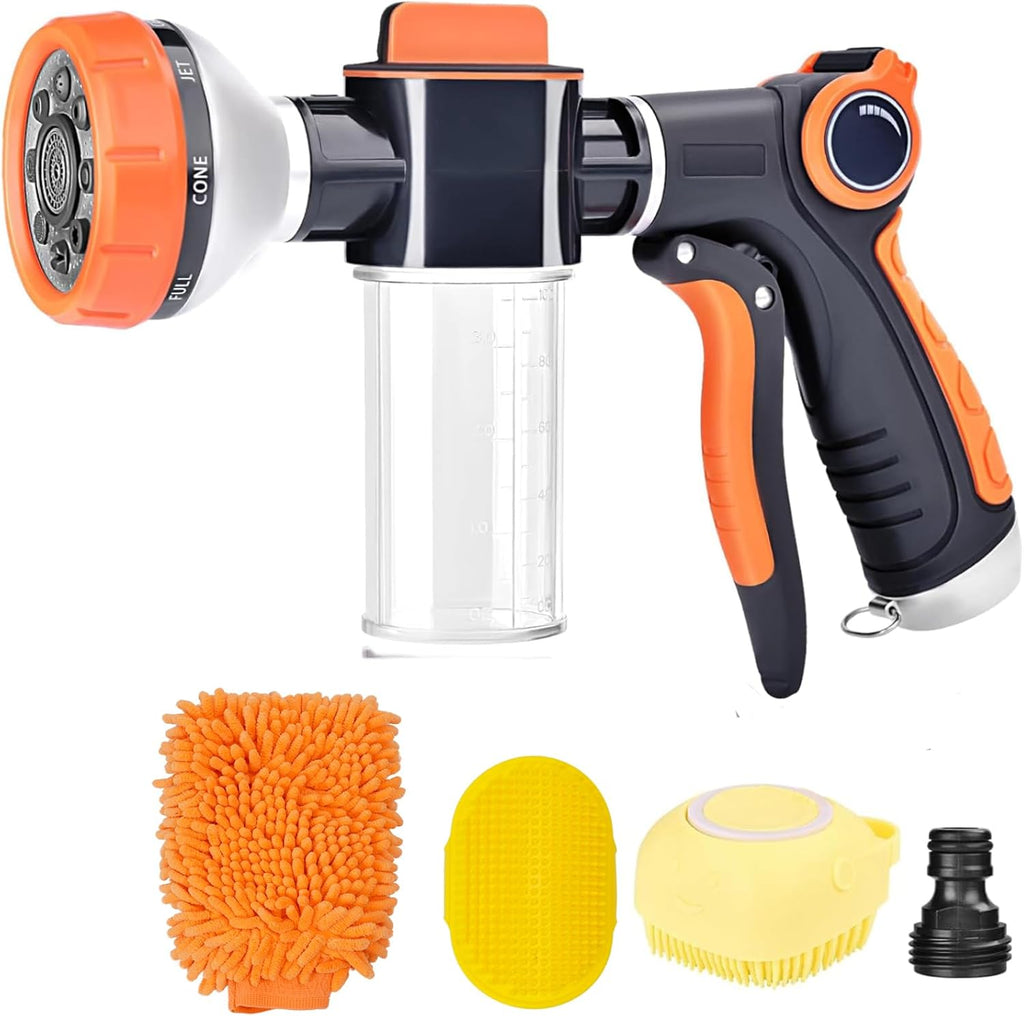 Garden Hose Nozzle, 8 Spray Patterns Dog Wash with Soap Dispenser, Pressure Hand Sprayer with Flow Control for Watering Plants & Lawns, with Pet Bathing Tools and Car Washing Gloves
