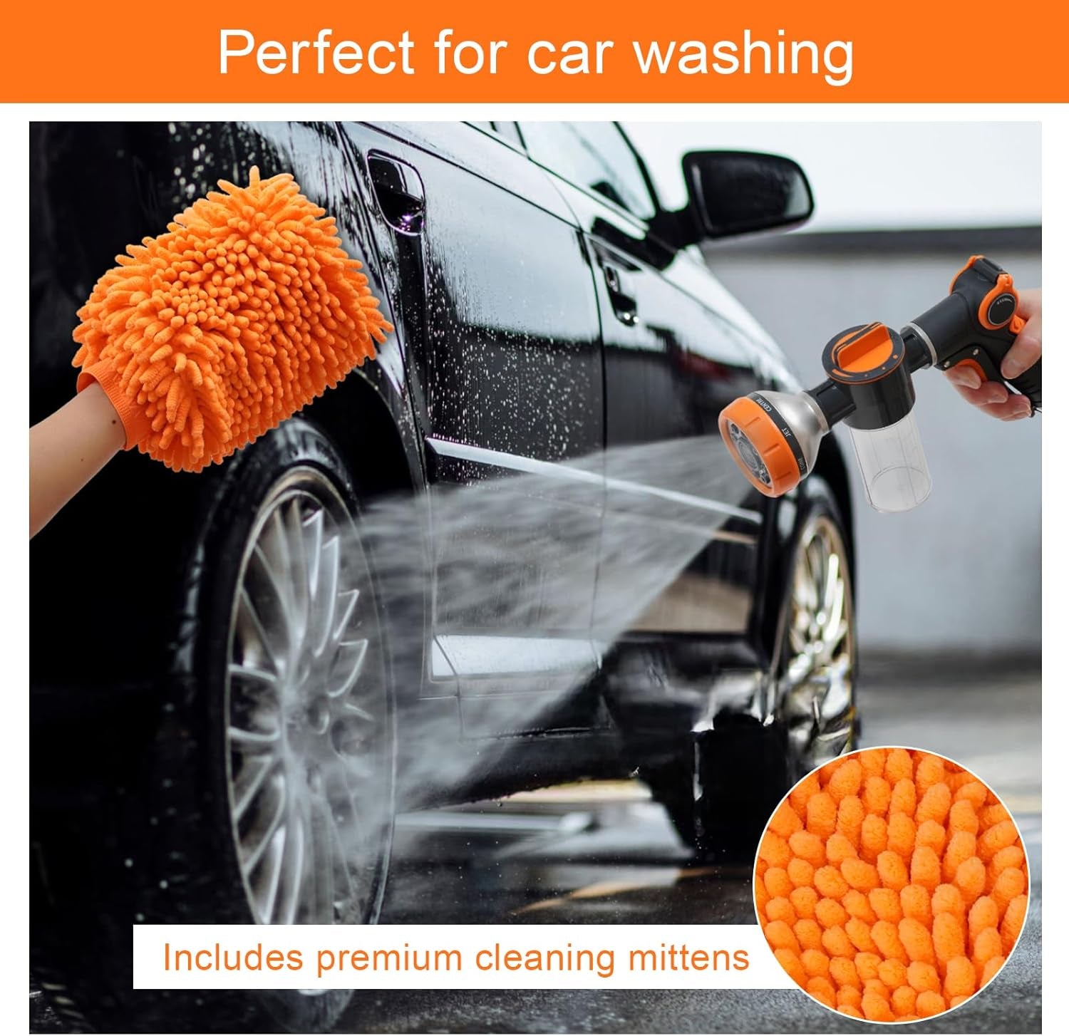 Garden Hose Nozzle, 8 Spray Patterns Dog Wash with Soap Dispenser, Pressure Hand Sprayer with Flow Control for Watering Plants & Lawns, with Pet Bathing Tools and Car Washing Gloves