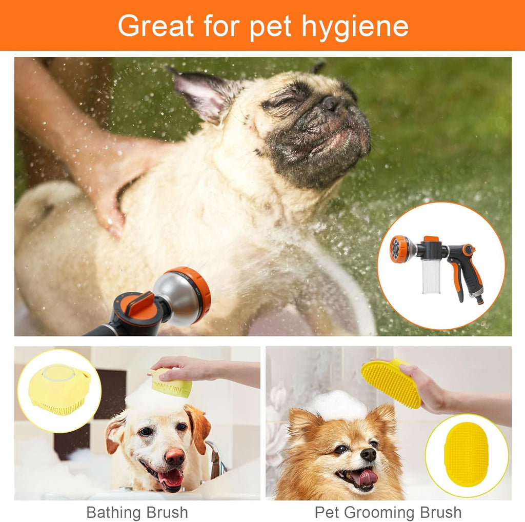 Garden Hose Nozzle, 8 Spray Patterns Dog Wash with Soap Dispenser, Pressure Hand Sprayer with Flow Control for Watering Plants & Lawns, with Pet Bathing Tools and Car Washing Gloves