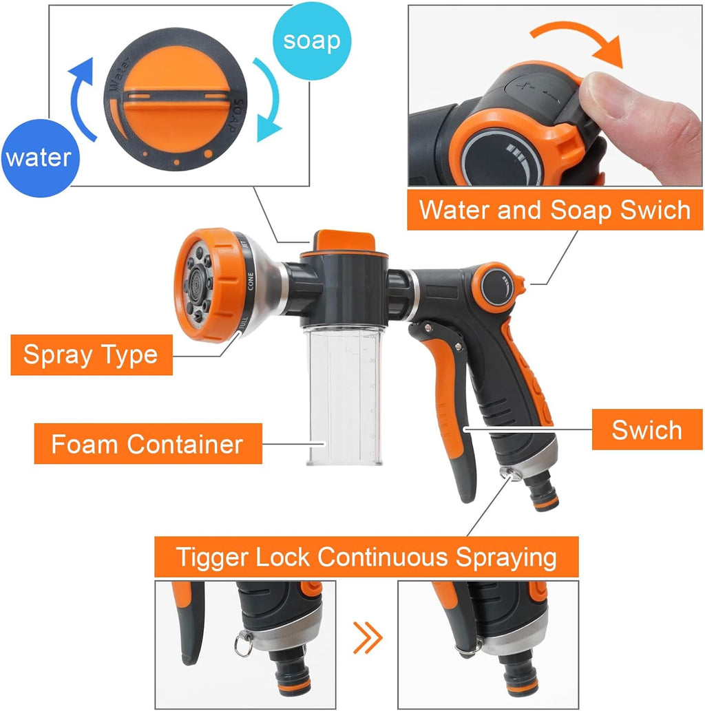 Garden Hose Nozzle, 8 Spray Patterns Dog Wash with Soap Dispenser, Pressure Hand Sprayer with Flow Control for Watering Plants & Lawns, with Pet Bathing Tools and Car Washing Gloves