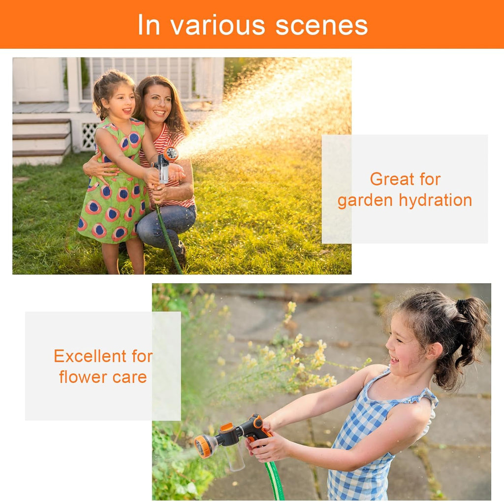 Garden Hose Nozzle, 8 Spray Patterns Dog Wash with Soap Dispenser, Pressure Hand Sprayer with Flow Control for Watering Plants & Lawns, with Pet Bathing Tools and Car Washing Gloves